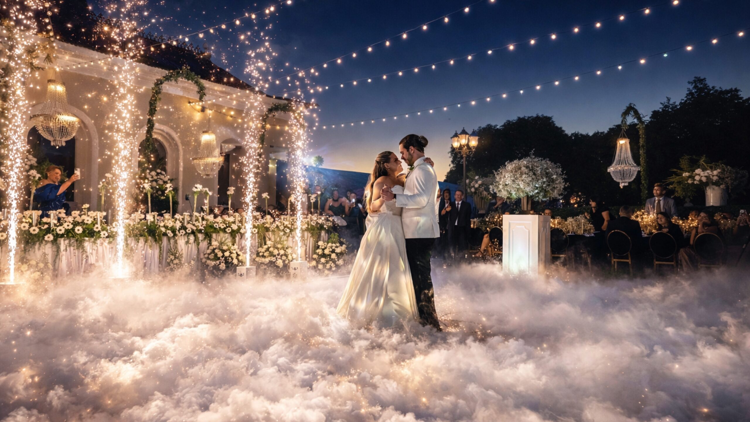 El primer baile de una pareja con bailando en las nubes y máquinas de chispas frías