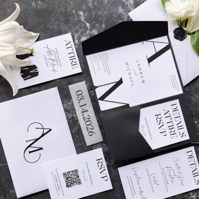 Modern black and white wedding invitation suite for Michael and Andrew’s Villa Toscana Miami wedding.