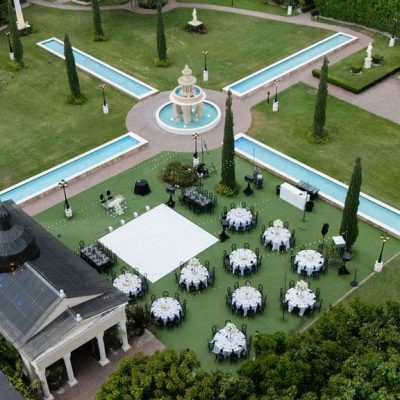 Aerial view of Villa Toscana Miami outdoor wedding reception layout in Homestead, Florida.